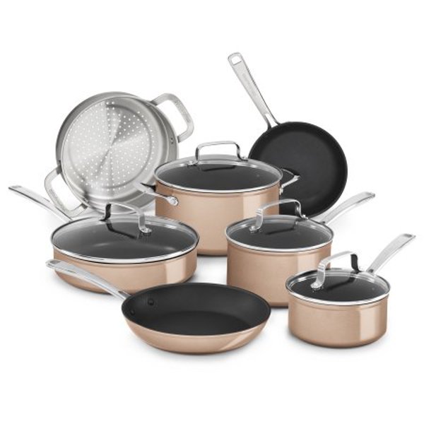 KitchenAid KC3H1S11TZ 11 Piece Cookware Set Toffee Delight Hard Anodized Nonstick 8 In Skillet 10 In Skillet Brown