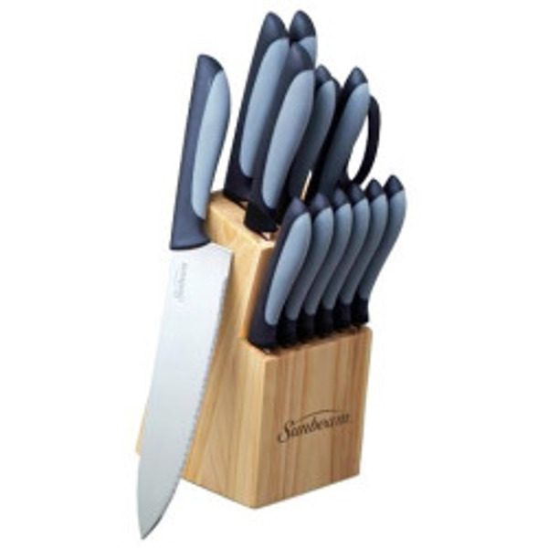 GIBSON OVERSEAS INC 73630.14 14 Piece Cutlery Block Set with Pine Wood Block and Rubber Handle