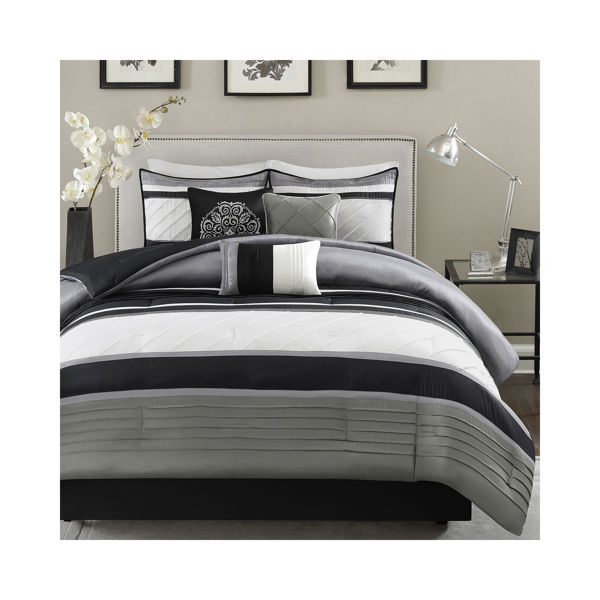 JLA BEDDING MP10-948 Comforter Set Queen Size 7 Piece Grey Soft Fabric