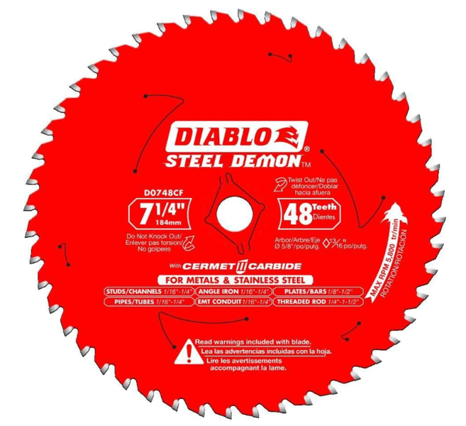 Diablo D0748CFA Circular Saw Blade 7-1/4 In 5/8 Arbor 48 Teeth Cermet Cutting Edge