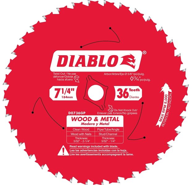 Diablo D0736GPX Circular Saw Blade 7-1/4 In 5/8 In Arbor 36 Teeth Carbide Cutting Edge