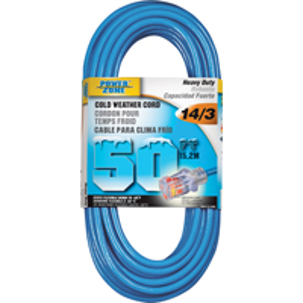 POWERZONE ORCW511730 Outdoor Extension Cord 50 Ft 14/3 Glacier Cold Weather