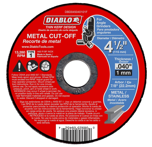 Diablo DBD045040101F Cut Off Wheel 4-1/2 In Aluminum Oxide Abrasive 0.040 In Thickness 7/8 In Arbor