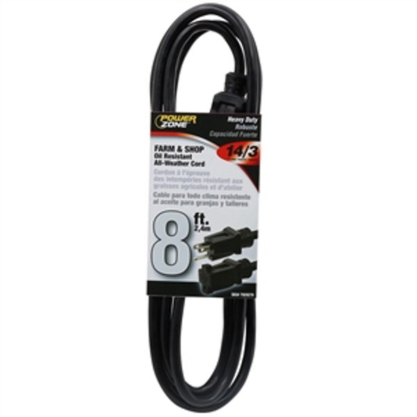 PowerZone OR532708 Extension Cord 8ft 14/3 Black Heavy Duty