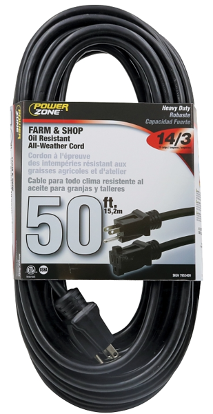 PowerZone OR532730 Cord Extension 50 Ft Black Heavy Duty Outdoor Use