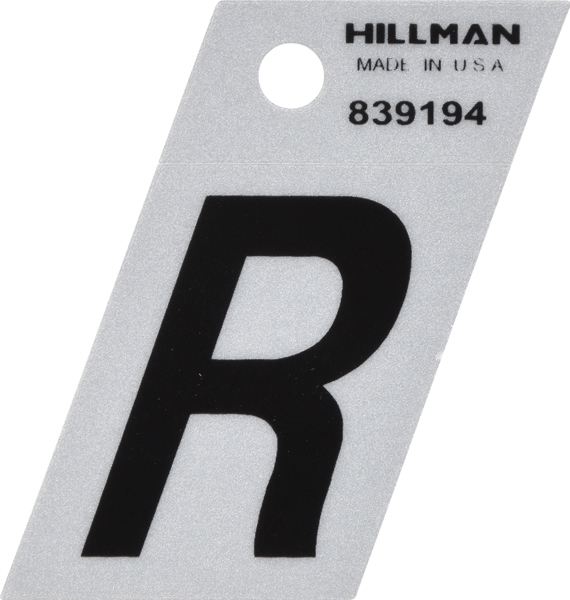 Hillman 839194 Letter R Sign 1 1 2 Inch Mylar Reflective Black on Silver Angle Cut