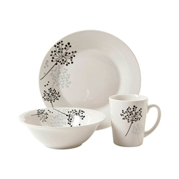 GIBSON OVERSEAS INC 91698.12 Dinnerware Set 12 Pcs Fine Ceramic White with Black Cherry Design