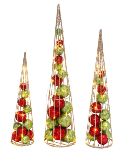 Gerson Company 2550110 Tree Cone Set 24 In 20 In and 16 In Lighted Ornament Filled Gold and White