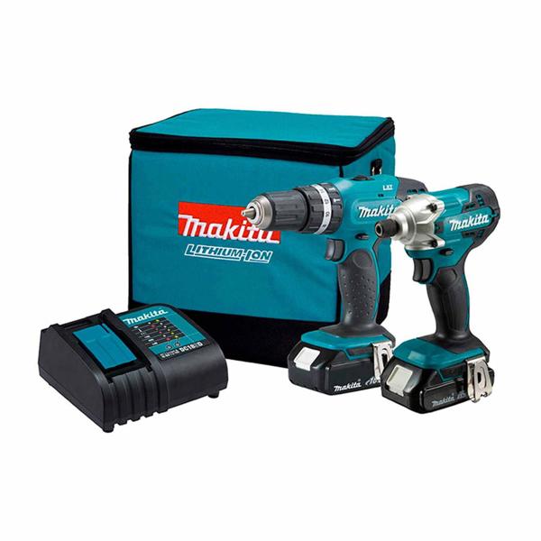 Makita Tools DLX2336SYX 18V Combo Kit 1/2 In Hammer Drill DHP453 1/4 In Impact Driver DTD156 2 Batteries DC18SD BL1815N Tool Bag