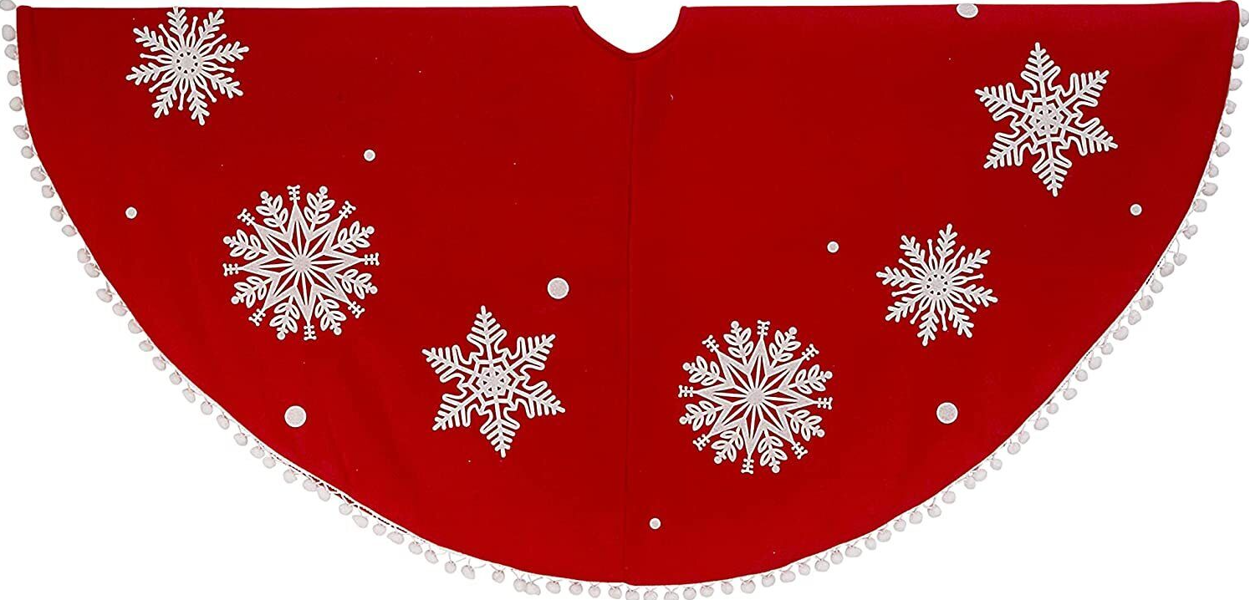 Gerson Company 2506470 Red Tree Skirt 48 In Velvet Felt with Pom Pom Snowflake Design