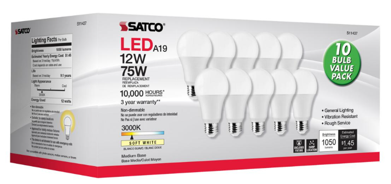 Satco S11437 A19 Light Bulb 12 Watt 10 Pack 1100 Lumens Warm White