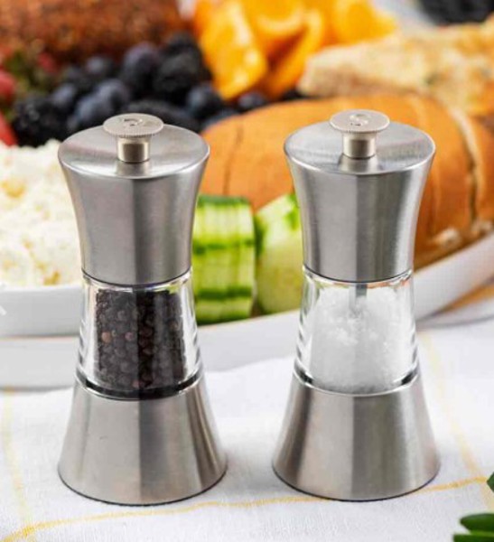 Tablecraft 10924 Set of 2 5 In Salt and Pepper Mill Stainless Steel and Acrylic