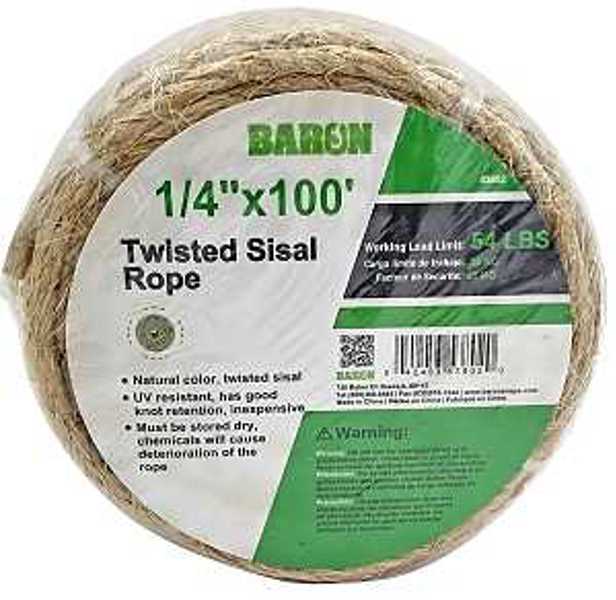 Baron MFG Rope 54 LB Working Load 1/4 Inch 100 Ft Sisal