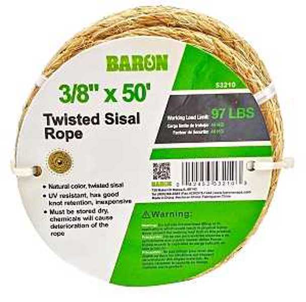Baron MFG 53210 Rope 50 Ft 3/8 In Dia 97 Lb Working Load Sisal Natural
