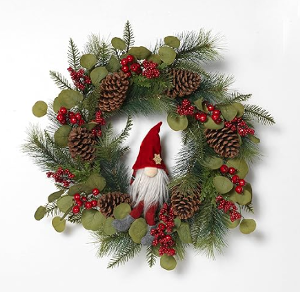 Gerson Company 2595080 Pine and Berry Wreath 24 Inch Holiday with Fabric Gnome Shelf Sitter
