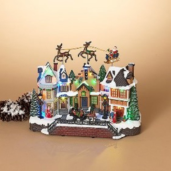 Gerson Company 2530770 Musical Electric Lighted Holiday Decoration 14.5 In with Flying Reindeers in Sleigh