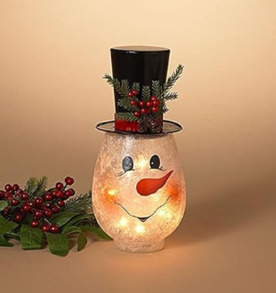 Gerson Company 2656210 Snowman Head Glass 11 In Electric Lighted Decoration Metal and Frosted with Pine and Berry Accent