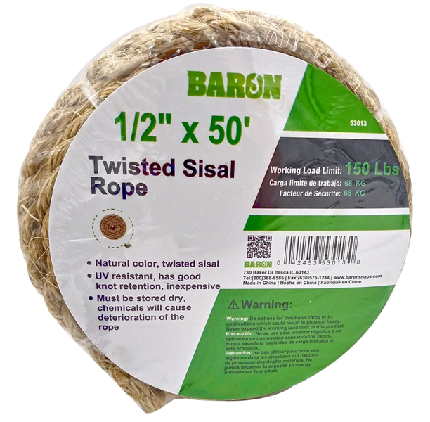 BARON MFG 53013 Utility Rope 1/2 In x 50 Ft 248 Lb Working Load Sisal