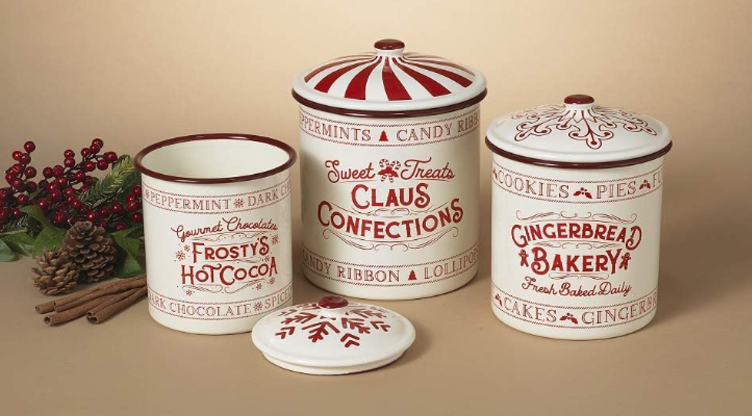 Gerson Company 2604670 Set of 3 Holiday Containers Metal Enamel with Lids