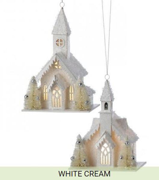 Regency International MTX72135 Village Church Ornament 6 In White Cream with LED and Battery Timer 2 Assortment