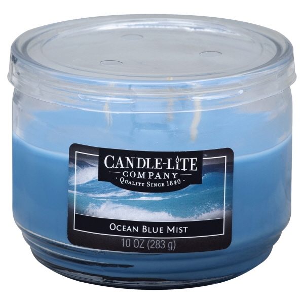 Candle-Lite 1879128 Candle Jar 10 Oz Ocean Blue Mist Scented Candle Clear Glass Container