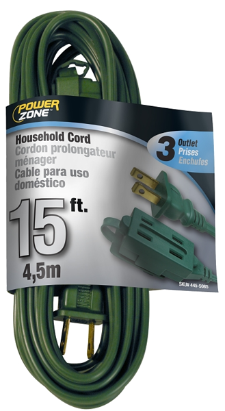 POWERZONE OR780615 Extension Cord 15 Ft 16 AWG 125V Green