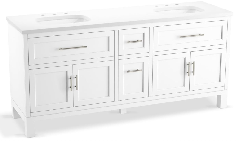 Kohler 31247-ASB-0 Bathroom Vanity 72 In White Cabinet with Sinks and Quartz Top