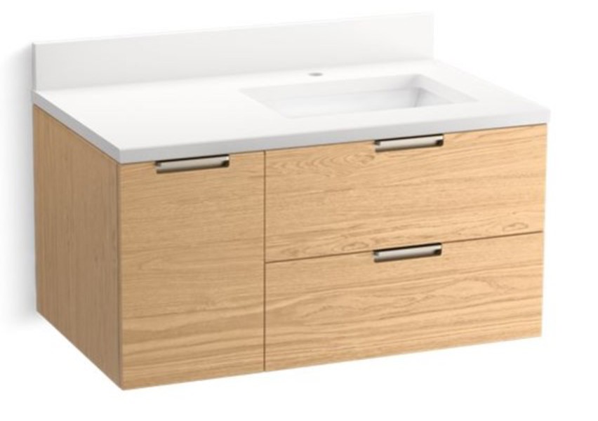 Kohler 34655-WEK Wall-Hung Vanity 37 Inch Light Oak with Sink and Quartz Top 1.9 Cu Ft