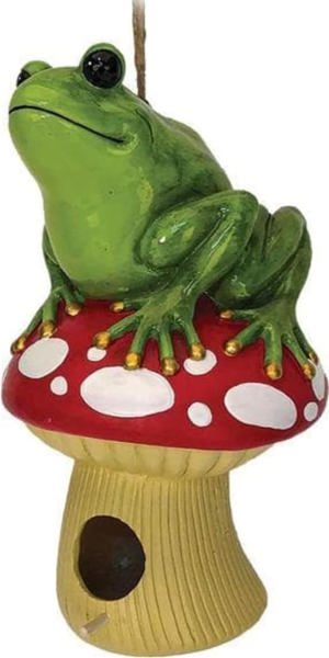 JARRAL INC 10096 Birdhouse Frog Mushroom Natural Wood Decorative Outdoor Garden Feature