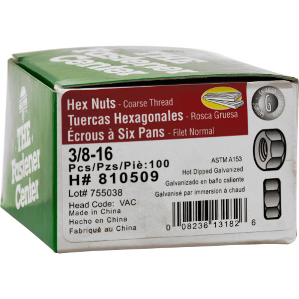 Hillman Group 810509 Hex Finished Nut 3/8-16 Tapped Oversized Galvanized Coarse