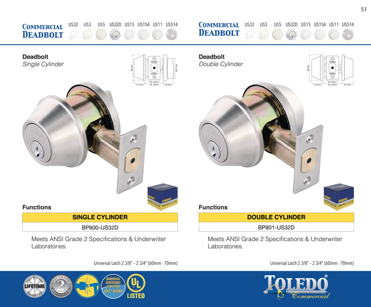Toledo BP800-US32D Commercial Single Cylinder Deadbolt