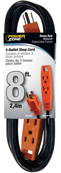 POWERZONE OR890708 Extension Cord 8 Ft 14/3 3-Outlet Shopcord