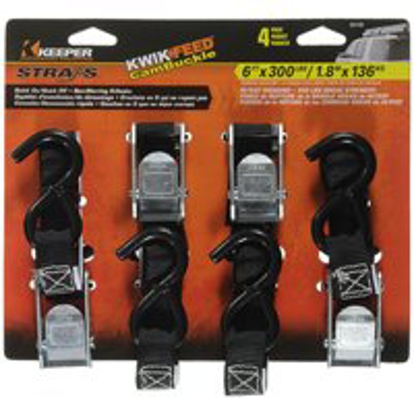 Keeper 05108 Tiedown 1X5.5 Ft 4 Pack Cam Buckle Hook End Fitting 300 Lb Capacity