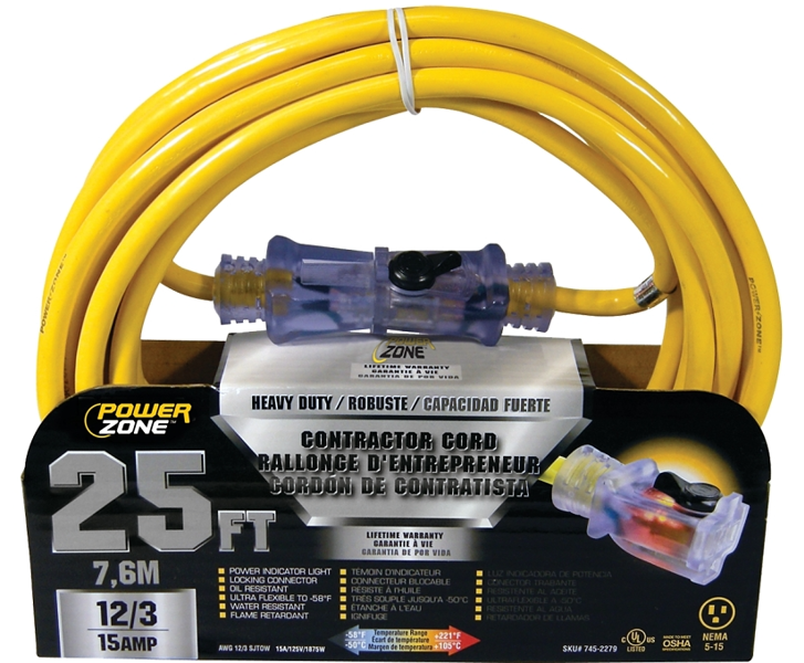 POWERZONE ORP511825 Extra Heavy Duty Extension Cord 25 Ft 12/3 SJTOW Yellow