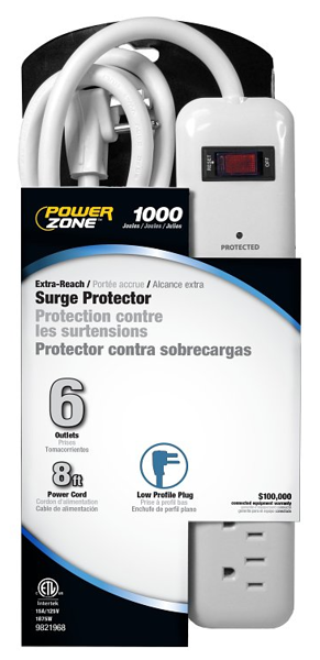 POWERZONE OR802126 Surge Protector Strip 125V 15A 6-Outlet 8 Ft White