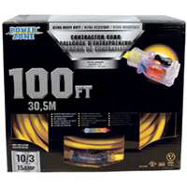 POWERZONE ORP511935 Extension Cord 100 Ft 10 AWG Cable 15A 125V Yellow SJTOW