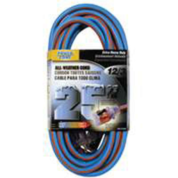 POWERZONE ORC530825 Extra Heavy Duty Extension Cord 25 Ft 12/3 SJEOW All Weather Blue with Orange Strip