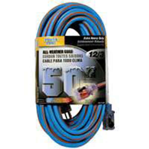 PowerZone ORC530830 Extension Cord 50 Ft 12/3 SJEOW All Weather Extra Heavy Duty Blue with Orange Stripe