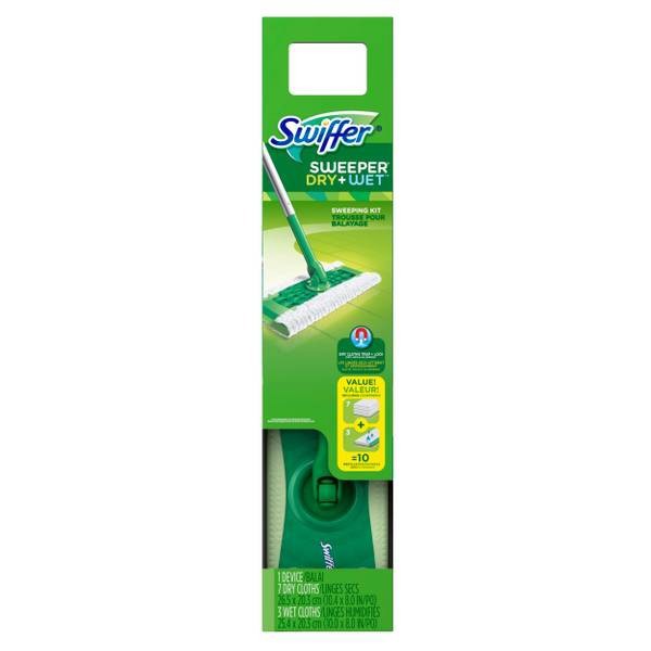 Swiffer Floor Sweeper Starter Kit Includes Dry Sweeping and Wet Mopping Refills and Hang Tag