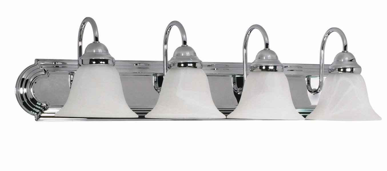 Satco 60-318 Wall Mounted Vanity Fixture 4 Light Polished Chrome Finish with Alabaster Bell Shade