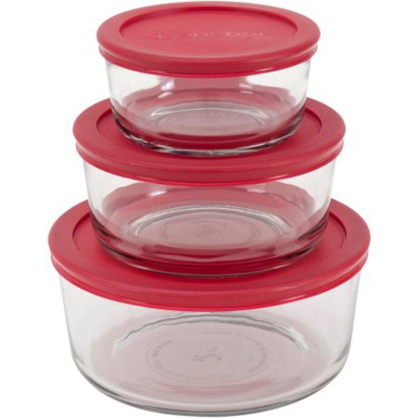 Anchor Hocking 91056L20 Food Storage Glass Container 6 Piece Set with Red Plastic Lid