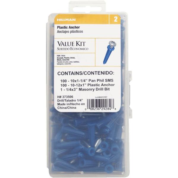 Hillman Group 373506 Blue Conical Wall Anchor Kit 10-12X1 Slotted Phillips