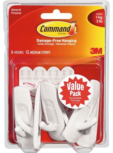 3M 17001-VP-6PK Medium Utility Hook 3 Lb Capacity 7/8 In Opening Plastic