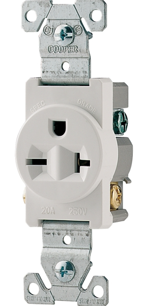 EATON-COOPER WIRING 1876W-BOX Single Receptacle 250V 20 Amp 2-Pole 3-Wire White