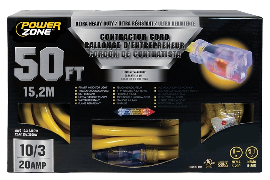POWERZONE ORP711930 Cord Extension 50 Ft T-Blade 20 Amp